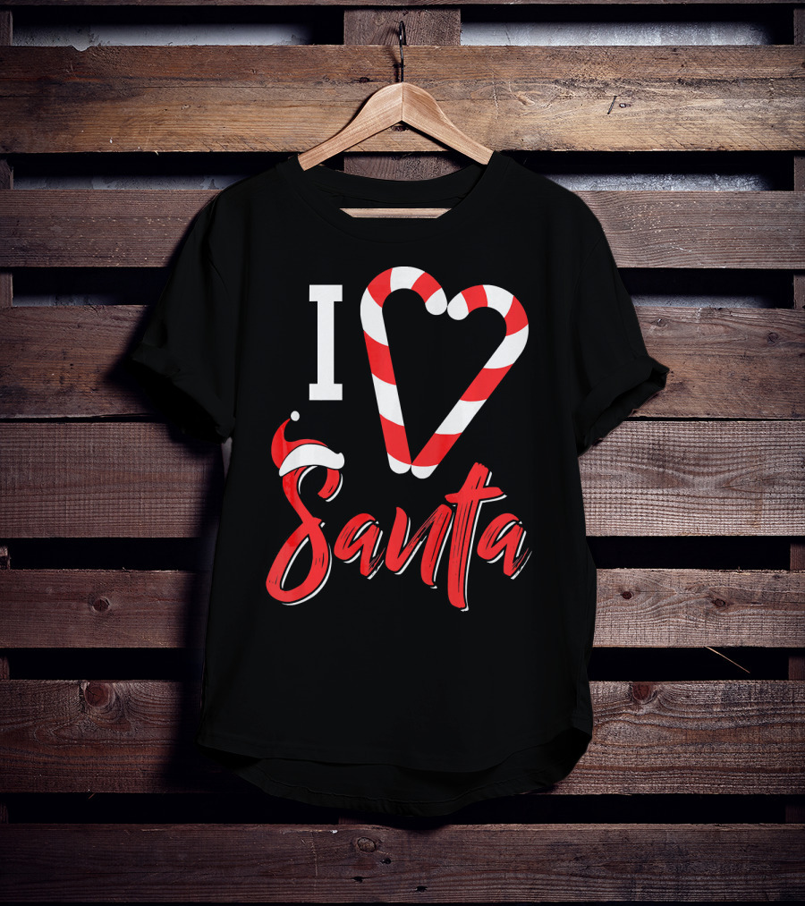Christmas I Love Santa Candy Cane Heart With Santa Hat T-Shirt