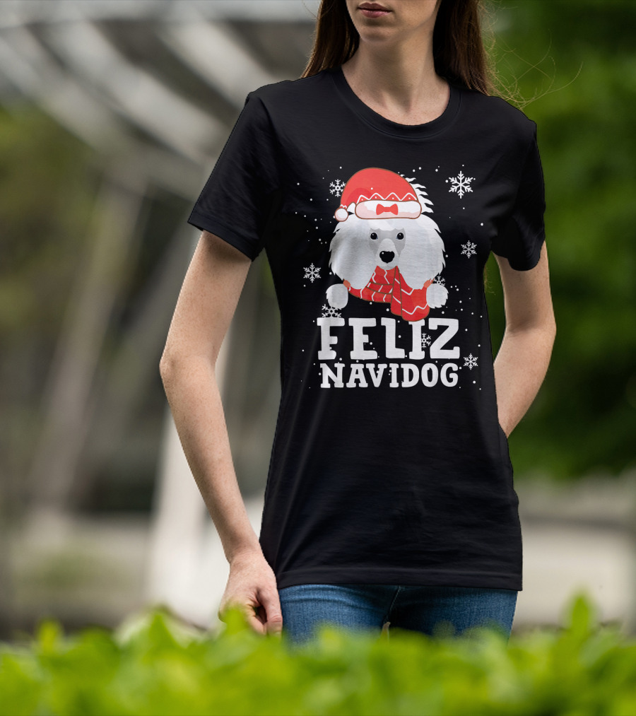 Feliz Navidog Poodle Dog Snowflakes Santa Hat Red Scarf T-Shirt
