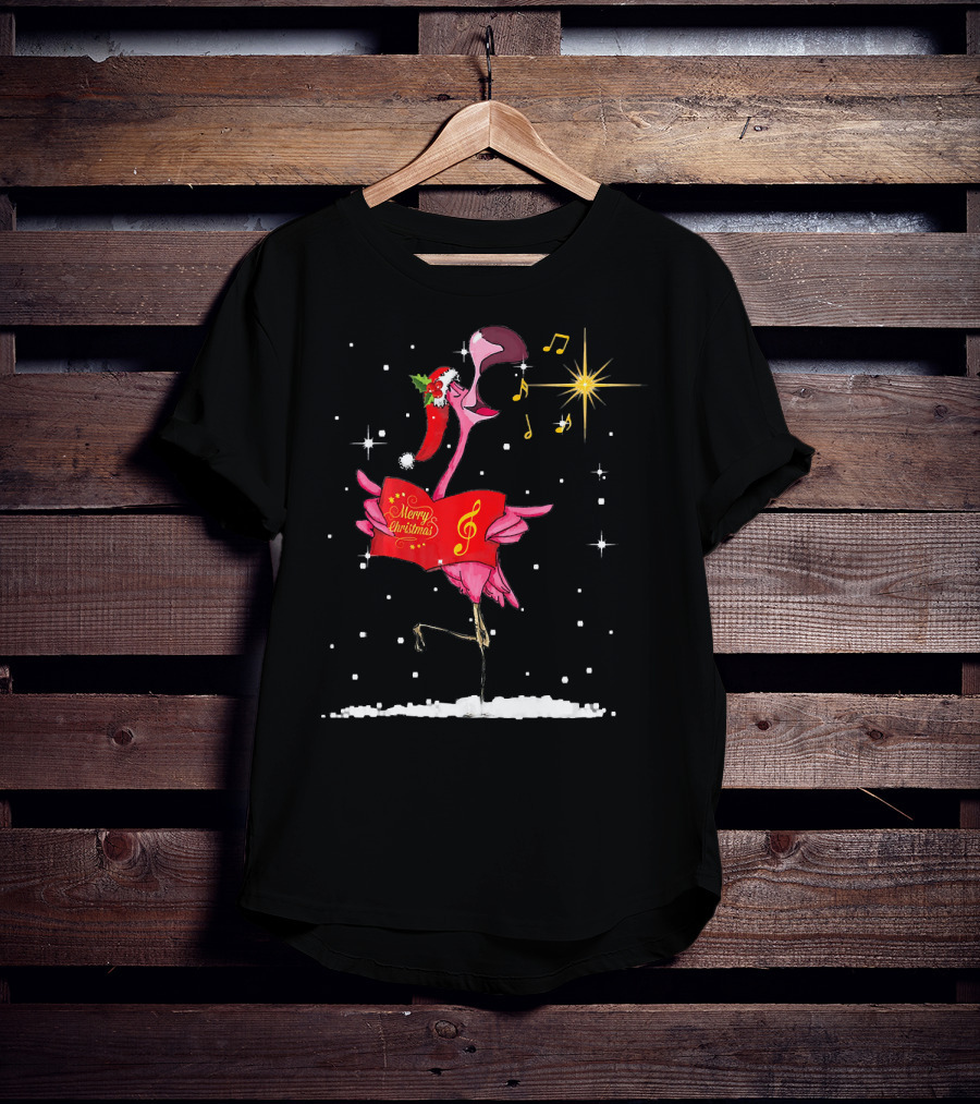 Funny Flamingo Sings Merry Christmas Song With Musical Notes And Santa Hat T-Shirt
