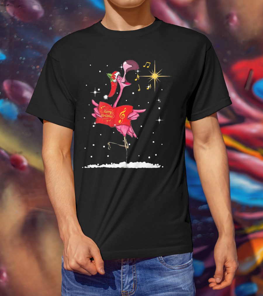 Funny Flamingo Sings Merry Christmas Song With Musical Notes And Santa Hat T-Shirt