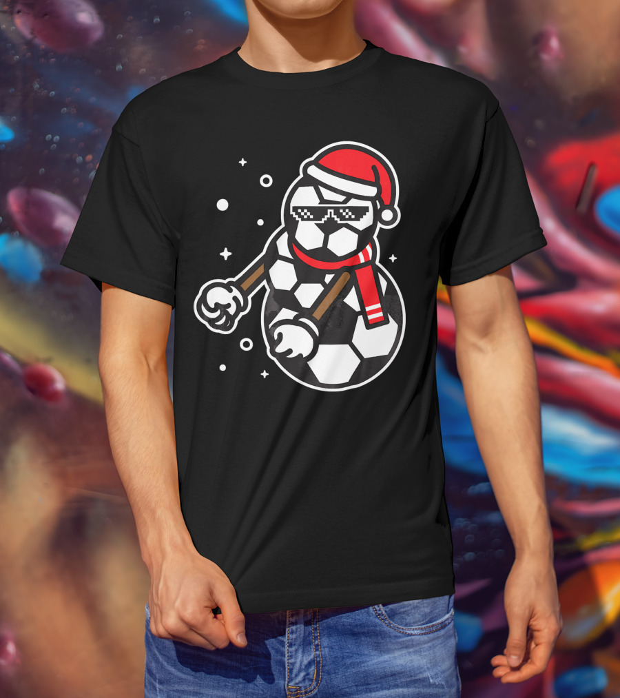 Soccer Player Snowman Funny Boy Girl Christmas Cool Santa Hat Pixel Glasses T-Shirt