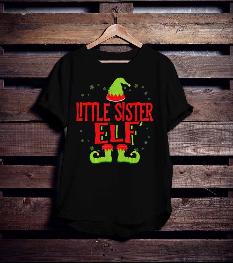 Little Sister Elf Christmas Hat And Shoes T-Shirt