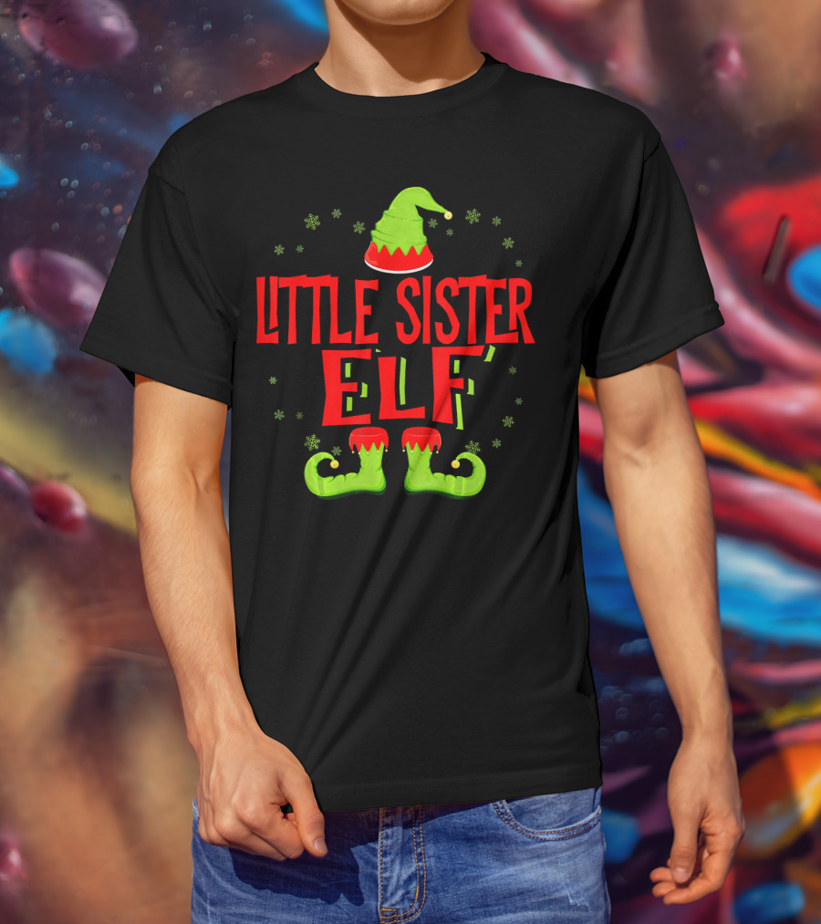 Little Sister Elf Christmas Hat And Shoes T-Shirt