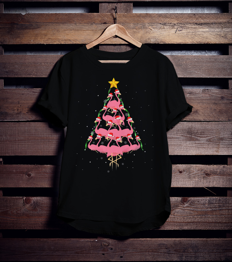 Funny Pink Flamingo Christmas Tree With Santa Hats And Star Topper T-Shirt