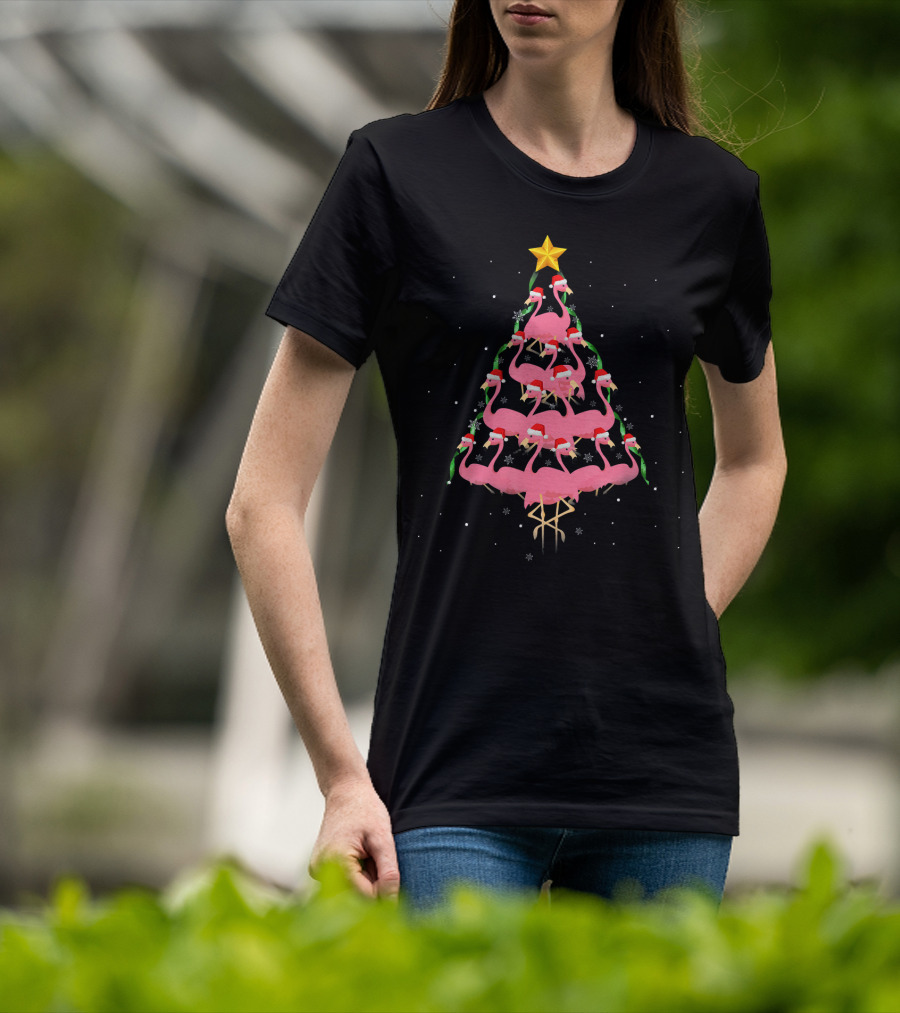 Funny Pink Flamingo Christmas Tree With Santa Hats And Star Topper T-Shirt