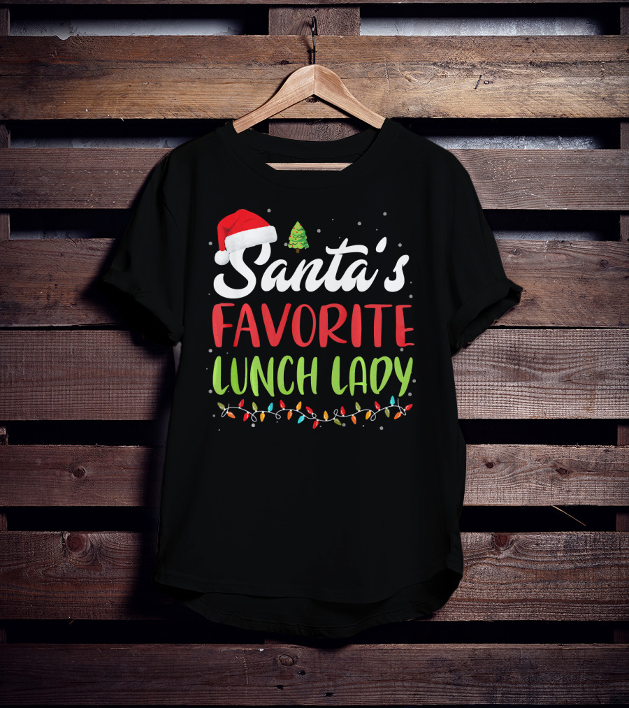 Santa's Favorite Lunch Lady Christmas Lights Santa Hat Tree T-Shirt