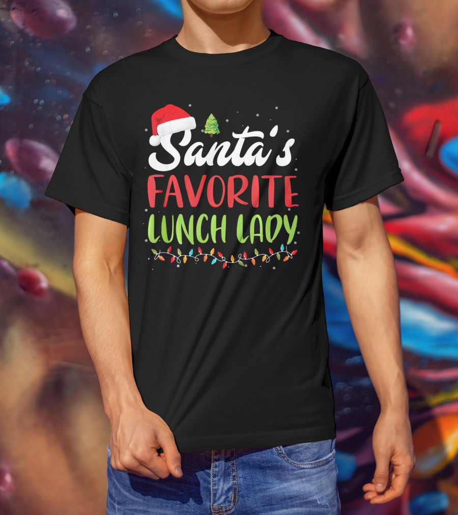 Santa's Favorite Lunch Lady Christmas Lights Santa Hat Tree T-Shirt