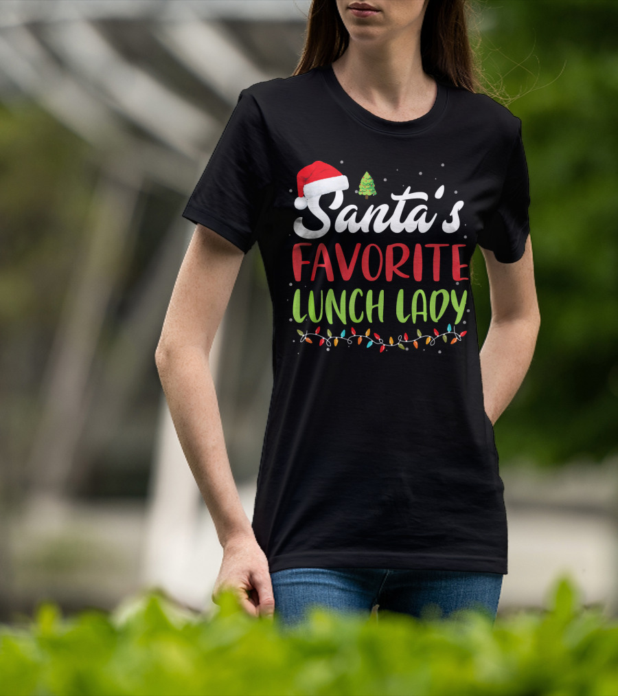 Santa's Favorite Lunch Lady Christmas Lights Santa Hat Tree T-Shirt