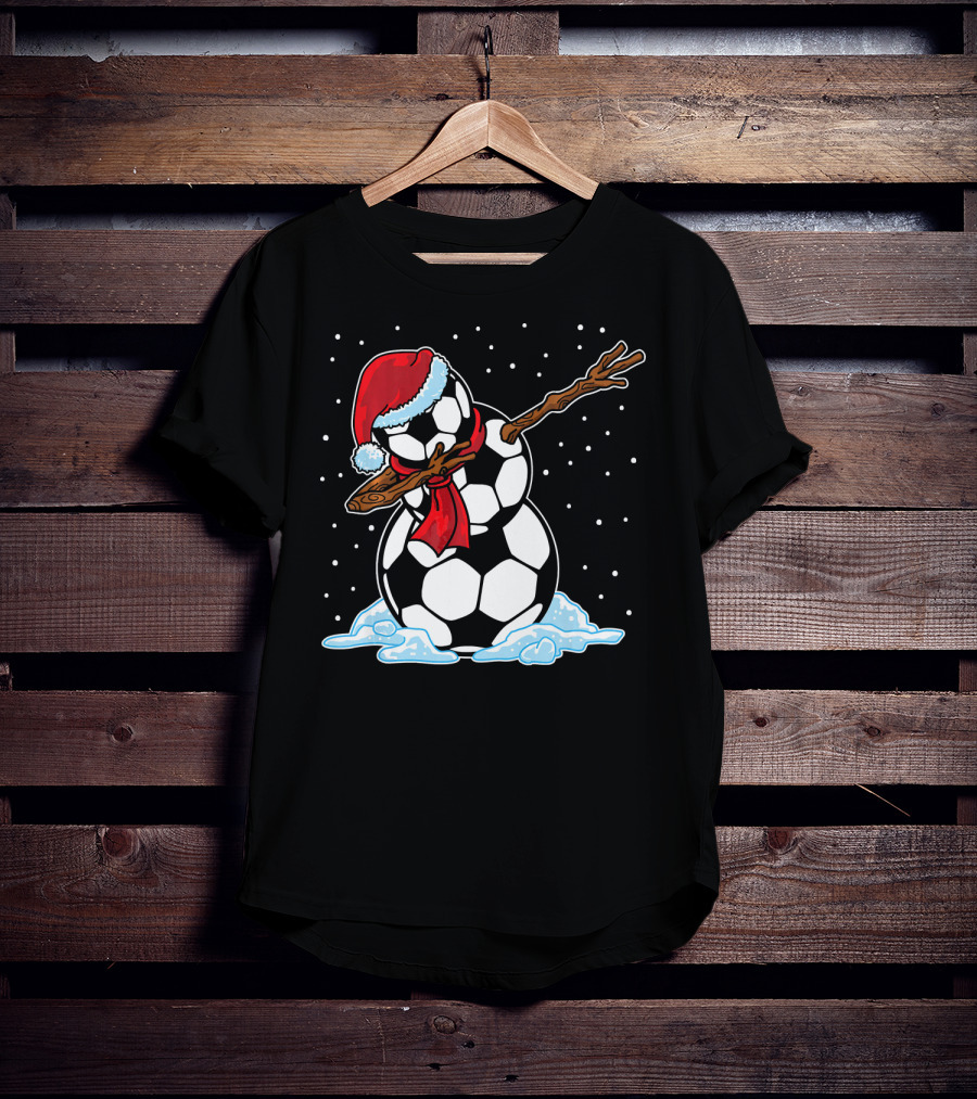 Santa Hat Soccer Ball Snowman With Red Scarf Dabbing In Snowflakes T-Shirt