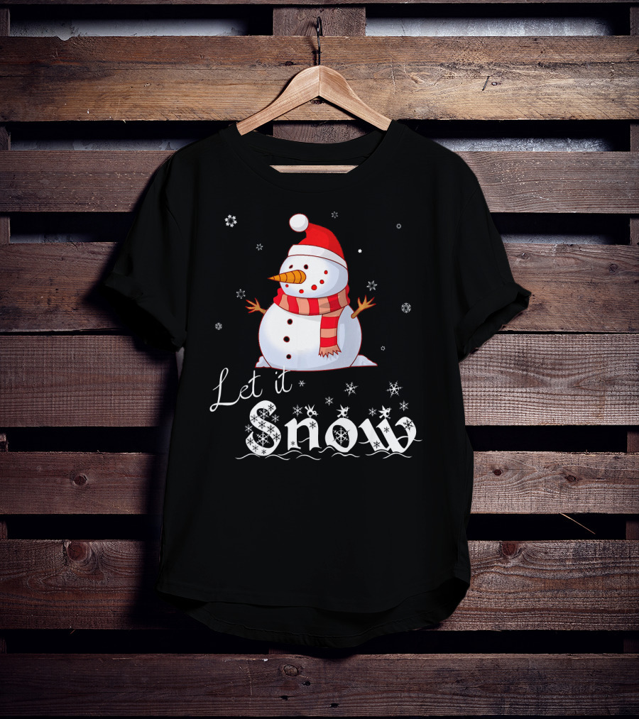 Let It Snow Cute Snowman In Santa Hat And Scarf With Snowflakes T-Shirt