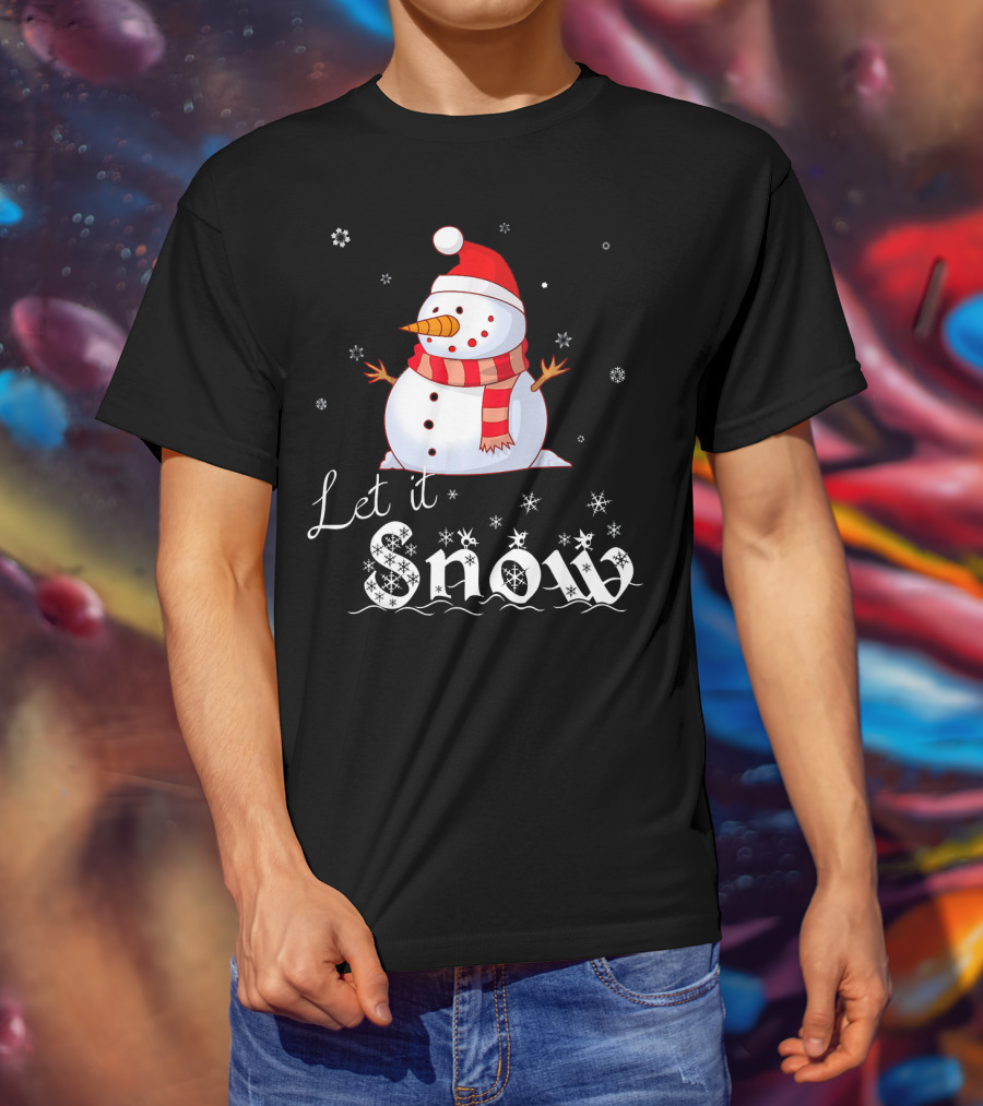 Let It Snow Cute Snowman In Santa Hat And Scarf With Snowflakes T-Shirt