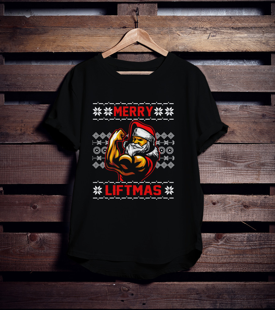 Merry Liftmas Ugly ChristmasGym Santa Claus Muscles Flexing Festive Snowflakes T-Shirt