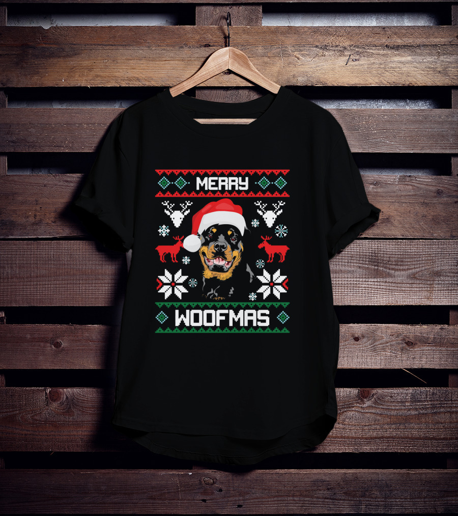 Rottweiler Merry Woofmas Santa Hat Reindeer Ugly Christmas T-Shirt