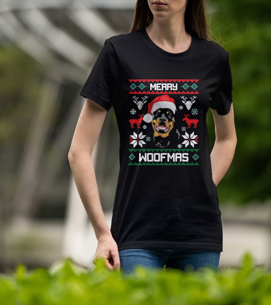 Rottweiler Merry Woofmas Santa Hat Reindeer Ugly Christmas T-Shirt