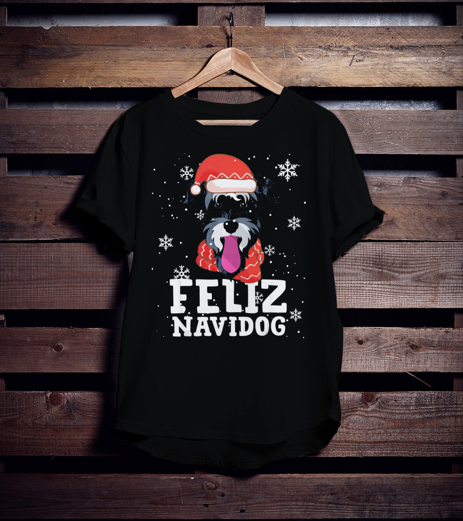 Feliz Navidog Miniature Schnauzer Dog Santa Hat Snowflakes T-Shirt