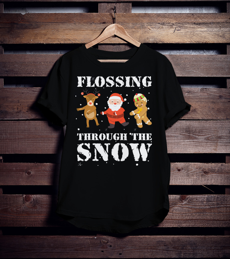 Flossing Through The Snow Santa Reindeer Gingerbread Dancing T-Shirt