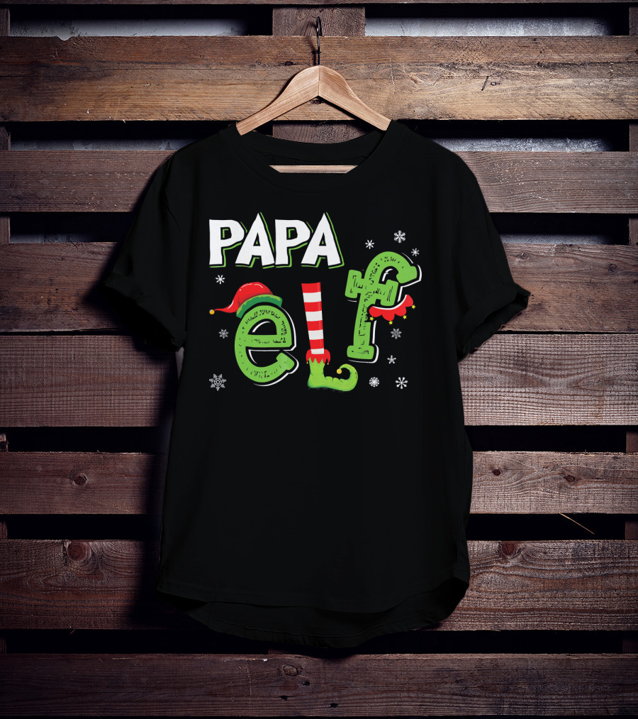 PAPA ELF Christmas Hat Stripes And Snowflakes T-Shirt
