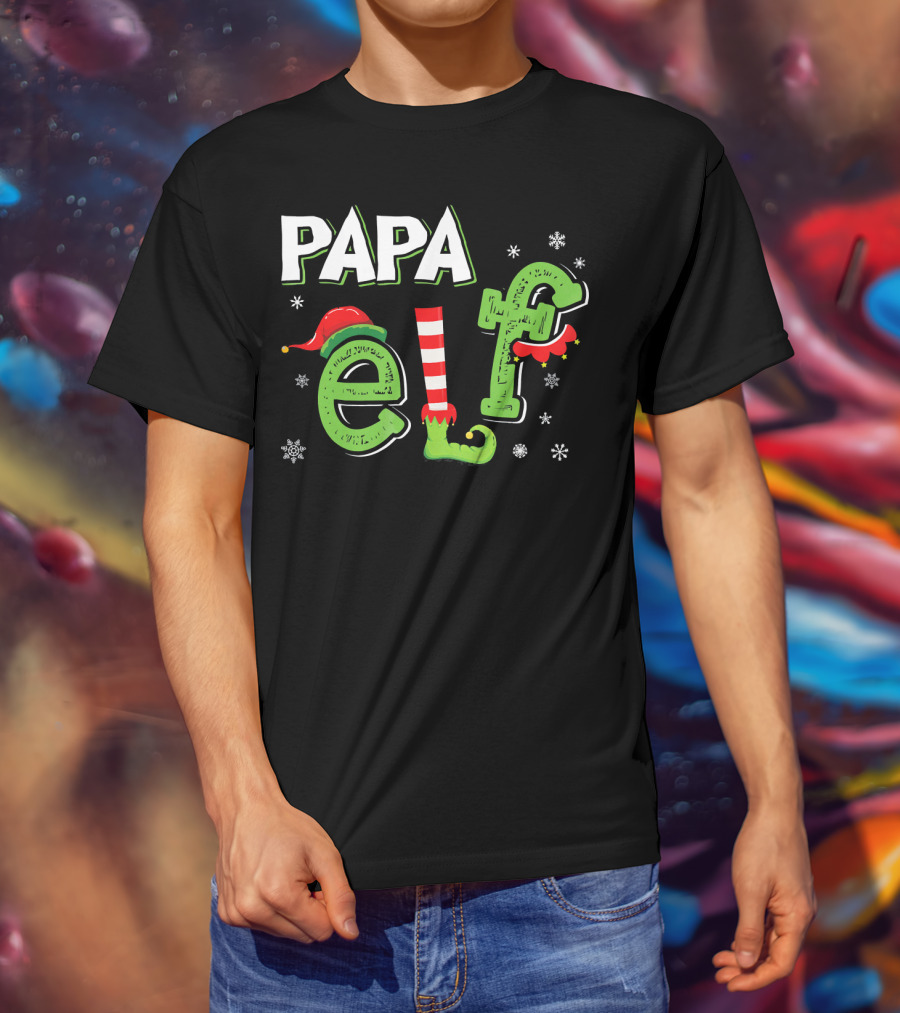 PAPA ELF Christmas Hat Stripes And Snowflakes T-Shirt