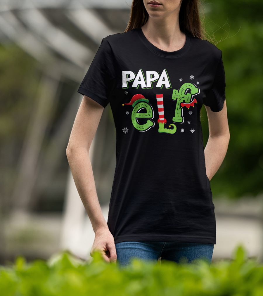 PAPA ELF Christmas Hat Stripes And Snowflakes T-Shirt