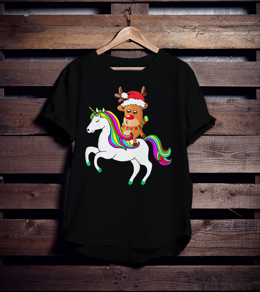 Reindeer In Santa Hat Riding Colorful-Maned Unicorn T-Shirt