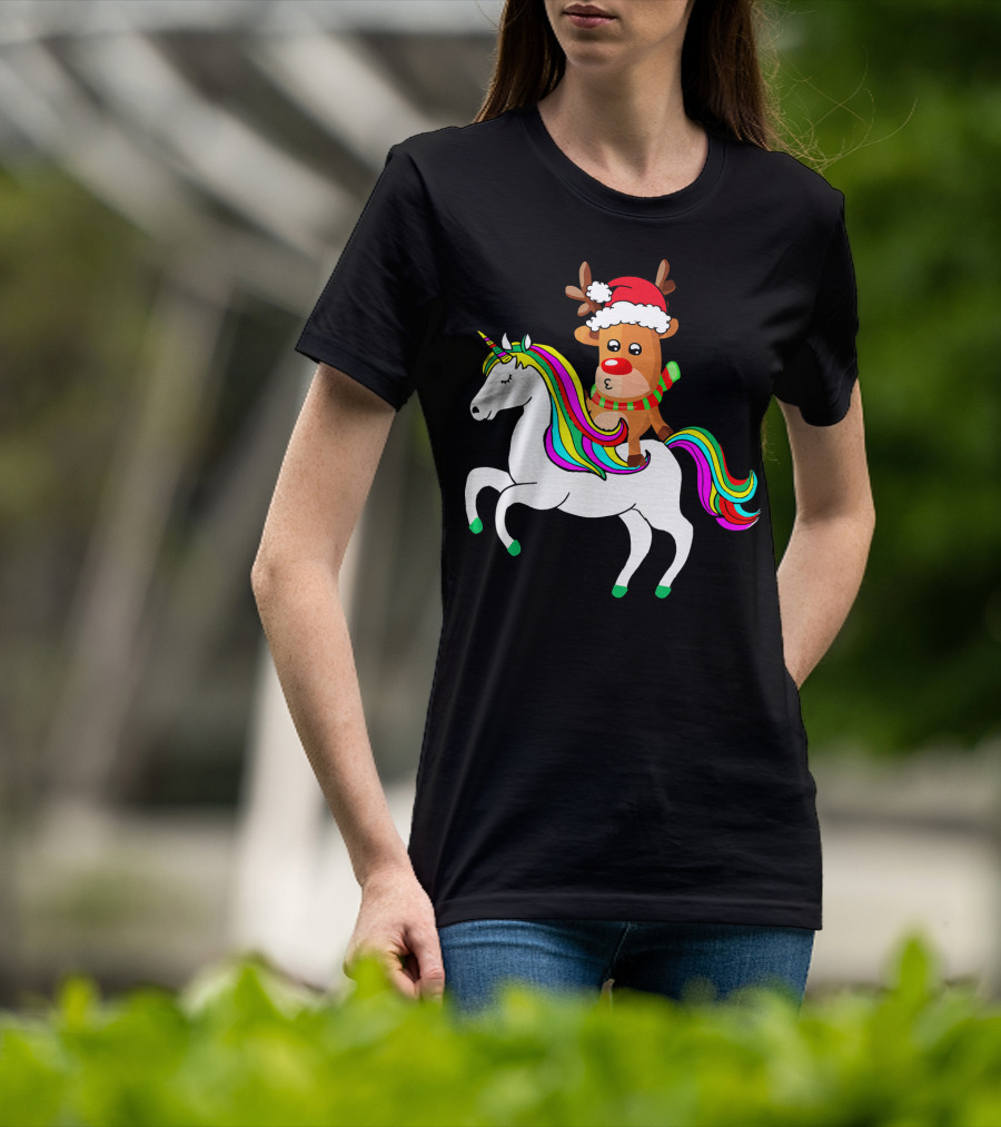 Reindeer In Santa Hat Riding Colorful-Maned Unicorn T-Shirt