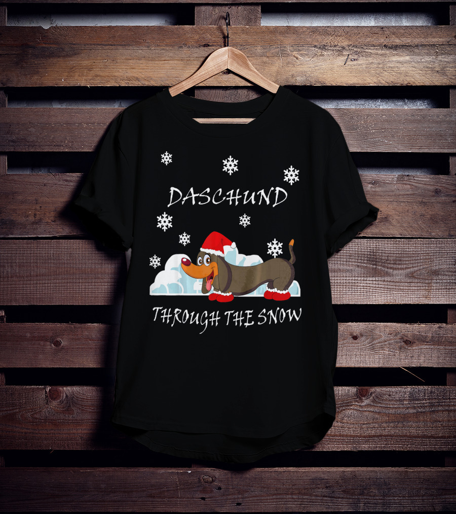 Daschund Through The Snow Santa Hat Snowflakes T-Shirt