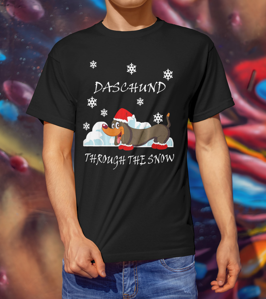 Daschund Through The Snow Santa Hat Snowflakes T-Shirt