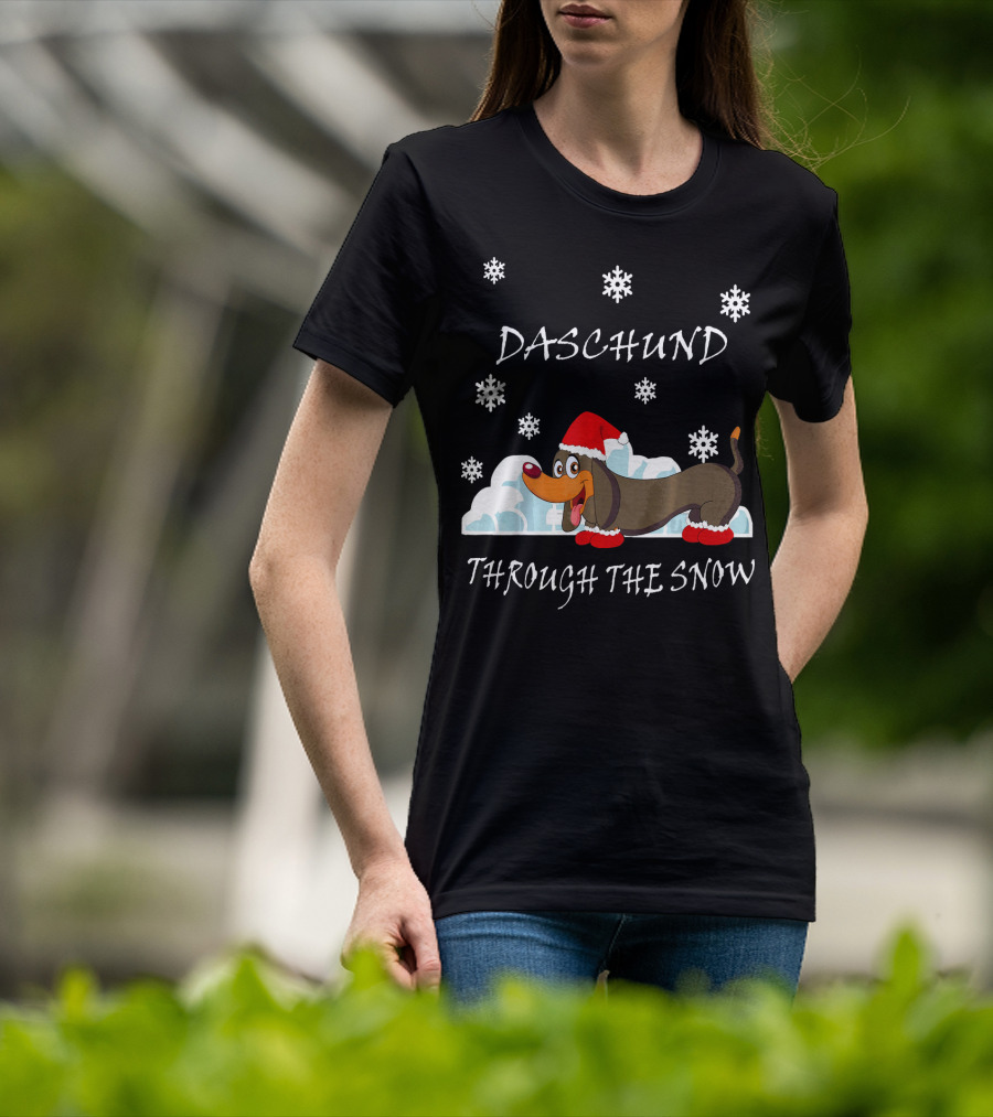 Daschund Through The Snow Santa Hat Snowflakes T-Shirt