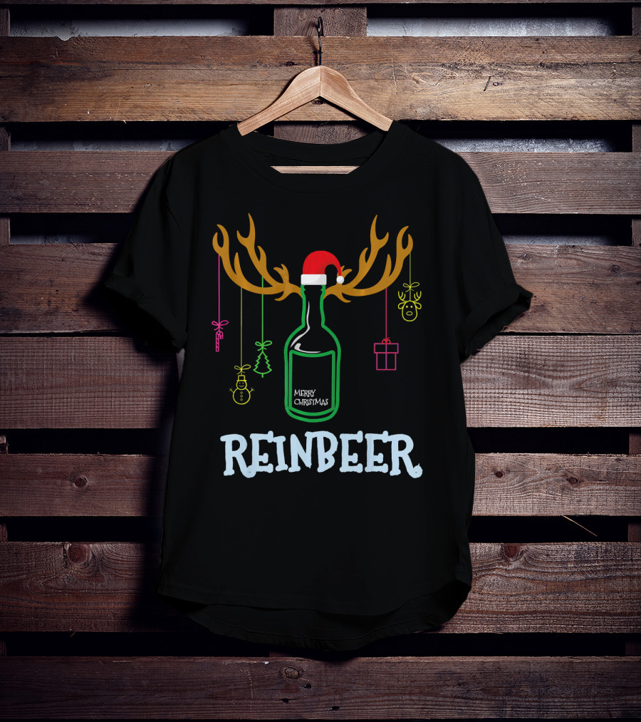 Reinbeer Merry Christmas Antler Bottle With Santa Hat And Hanging Decorations T-Shirt