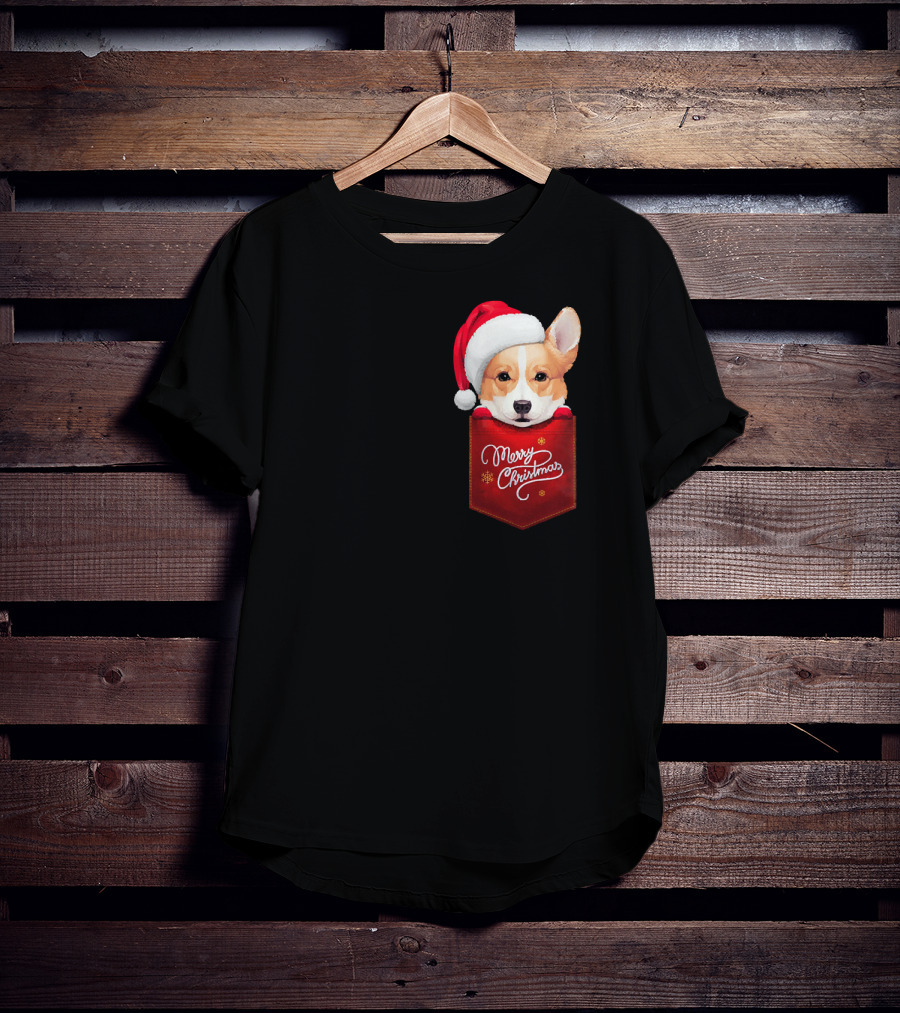 Merry Christmas Welsh Corgi In Santa Hat Pocket T-Shirt