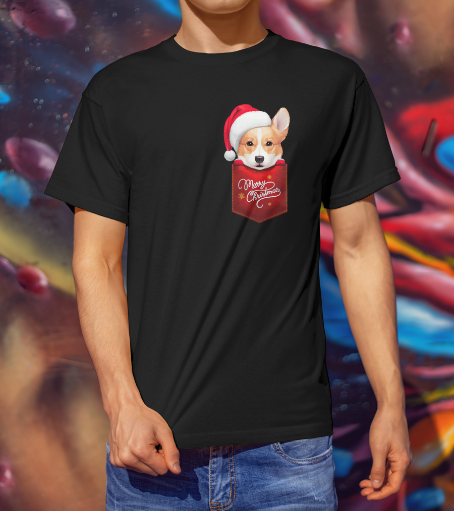 Merry Christmas Welsh Corgi In Santa Hat Pocket T-Shirt