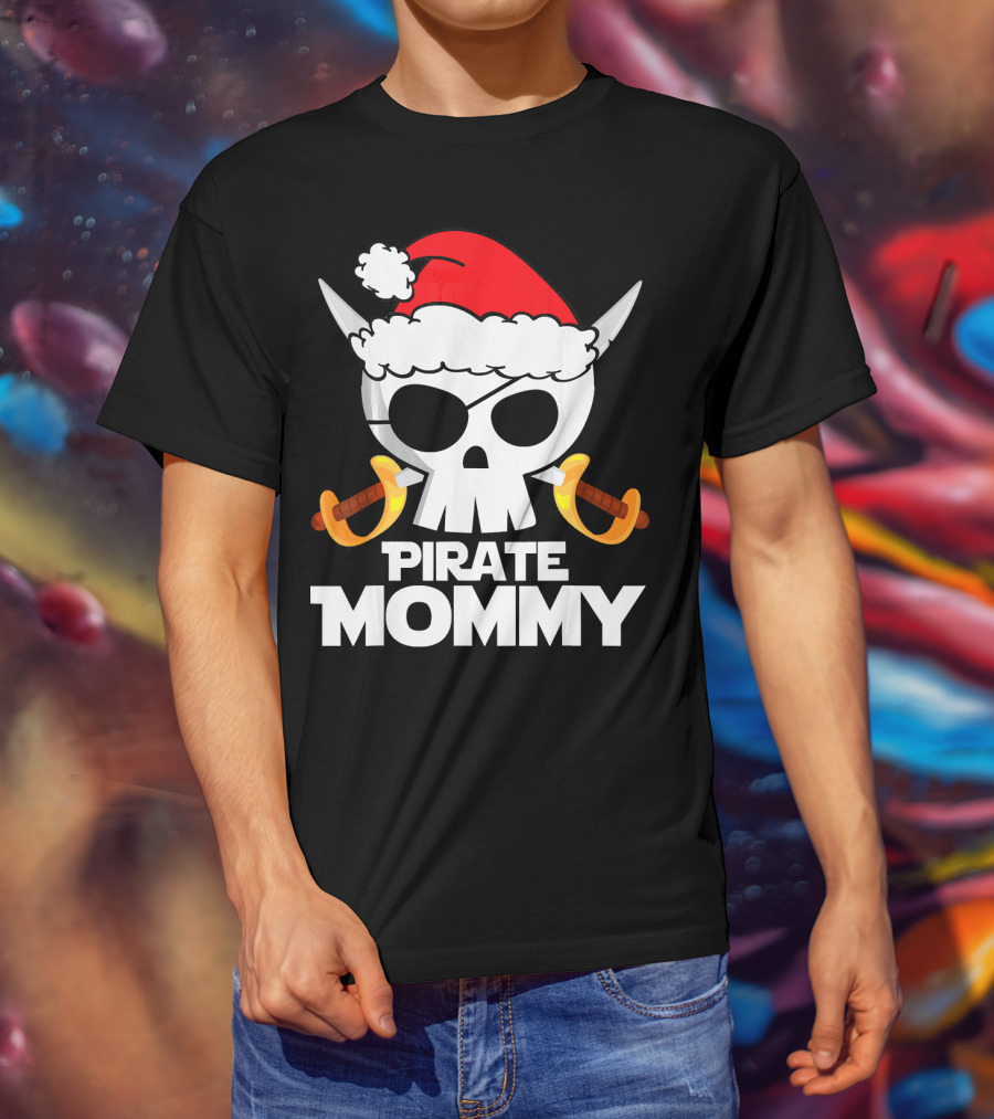 Funny Santa Claus Pirate Mommy Skull With Santa Hat And Swords T-Shirt