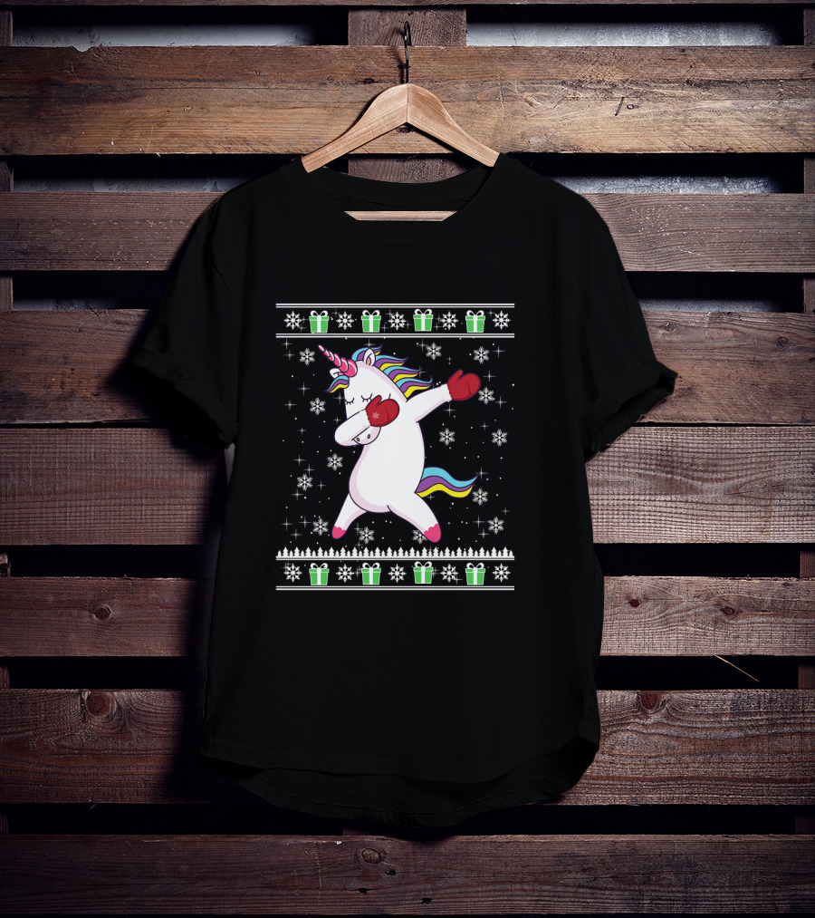 Dabbing Christmas Unicorn With Boxing Gloves Snowflakes And Gifts T-Shirt