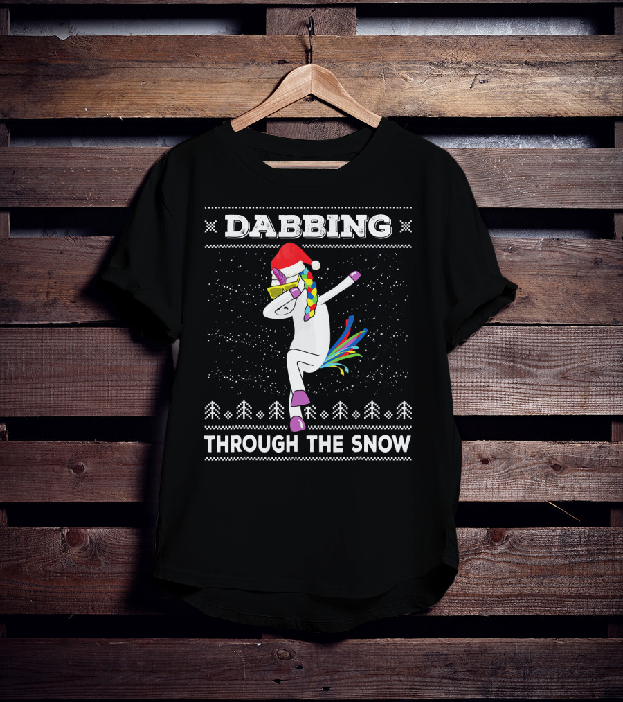Dabbing Unicorn Through The Snow Santa Hat Christmas T-Shirt