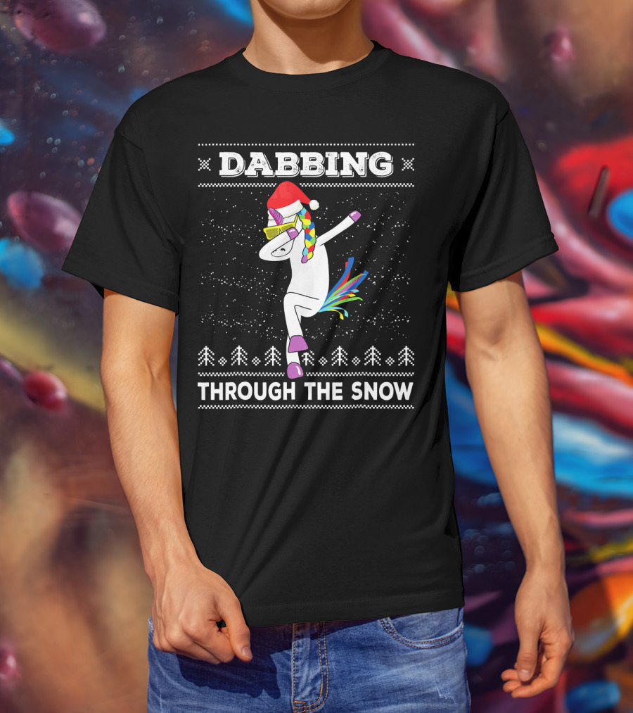 Dabbing Unicorn Through The Snow Santa Hat Christmas T-Shirt
