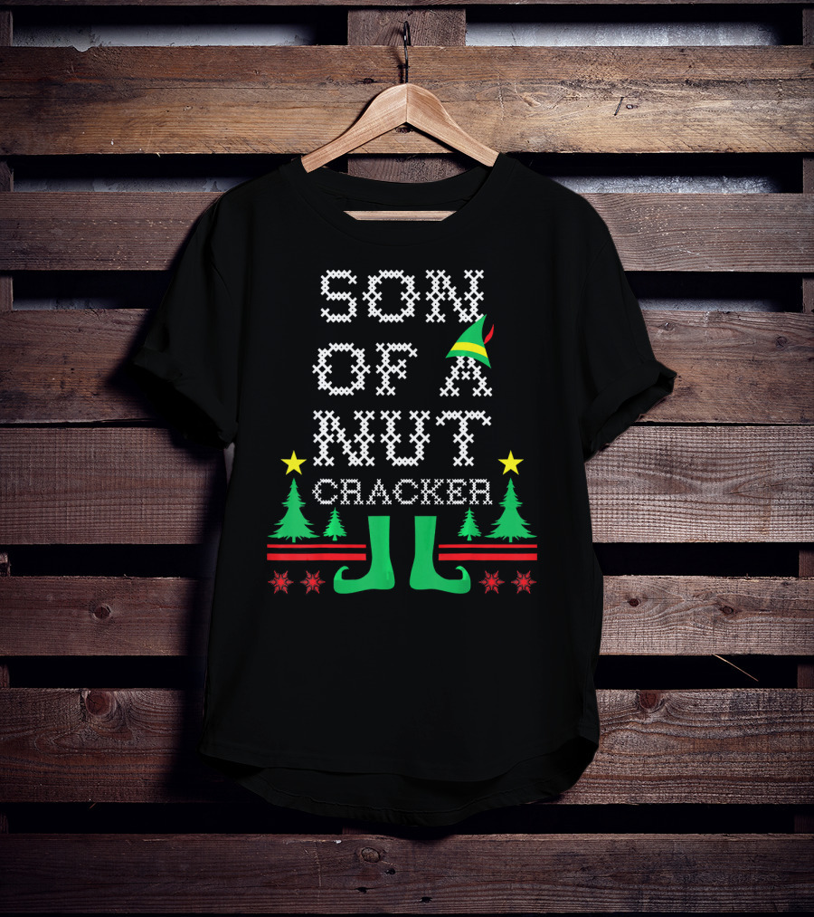 Son Of A Nutcracker Ugly Christmas Elf Hat Trees Stars Snowflakes T-Shirt
