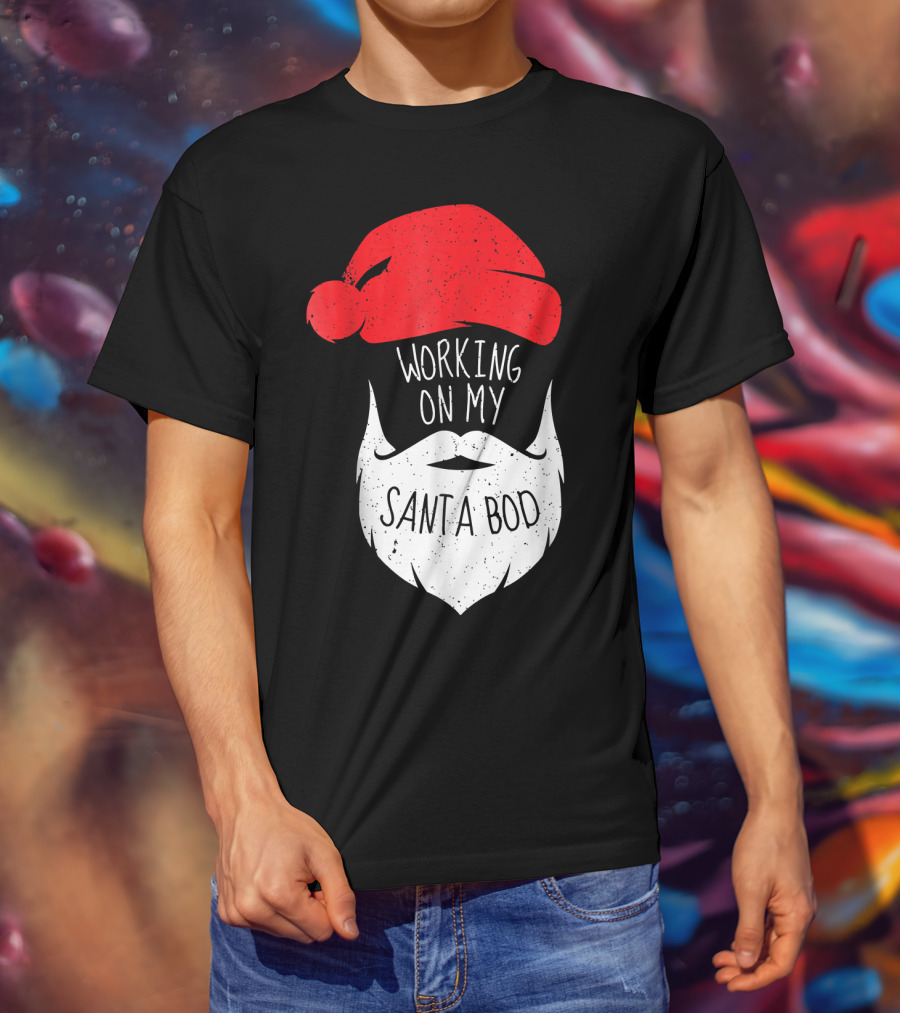 Mens Working On My Santa Bod Beard Santa Hat T-Shirt
