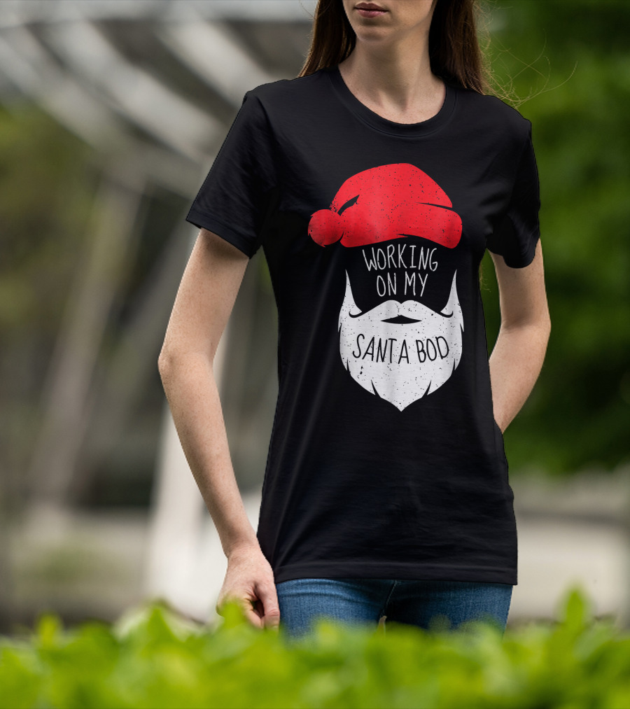 Mens Working On My Santa Bod Beard Santa Hat T-Shirt