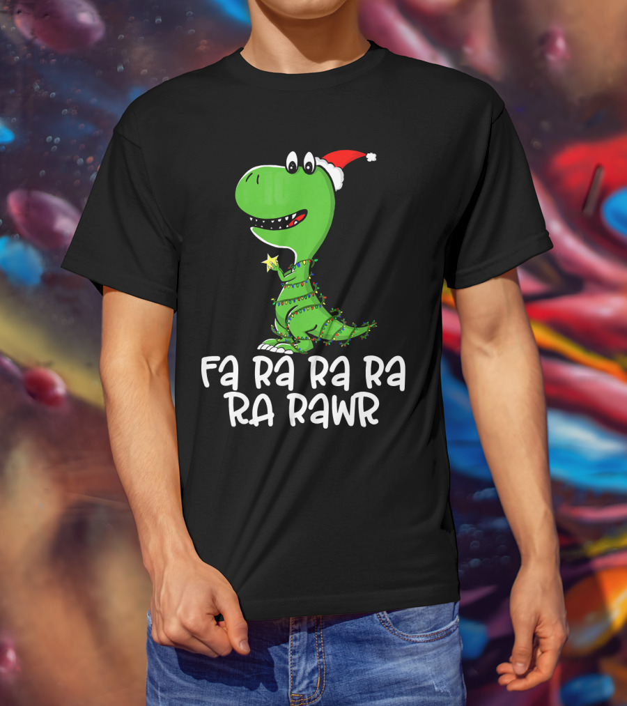 Fa Ra Ra Ra Rawr Dinosaur Christmas Lights Santa Hat T-Shirt