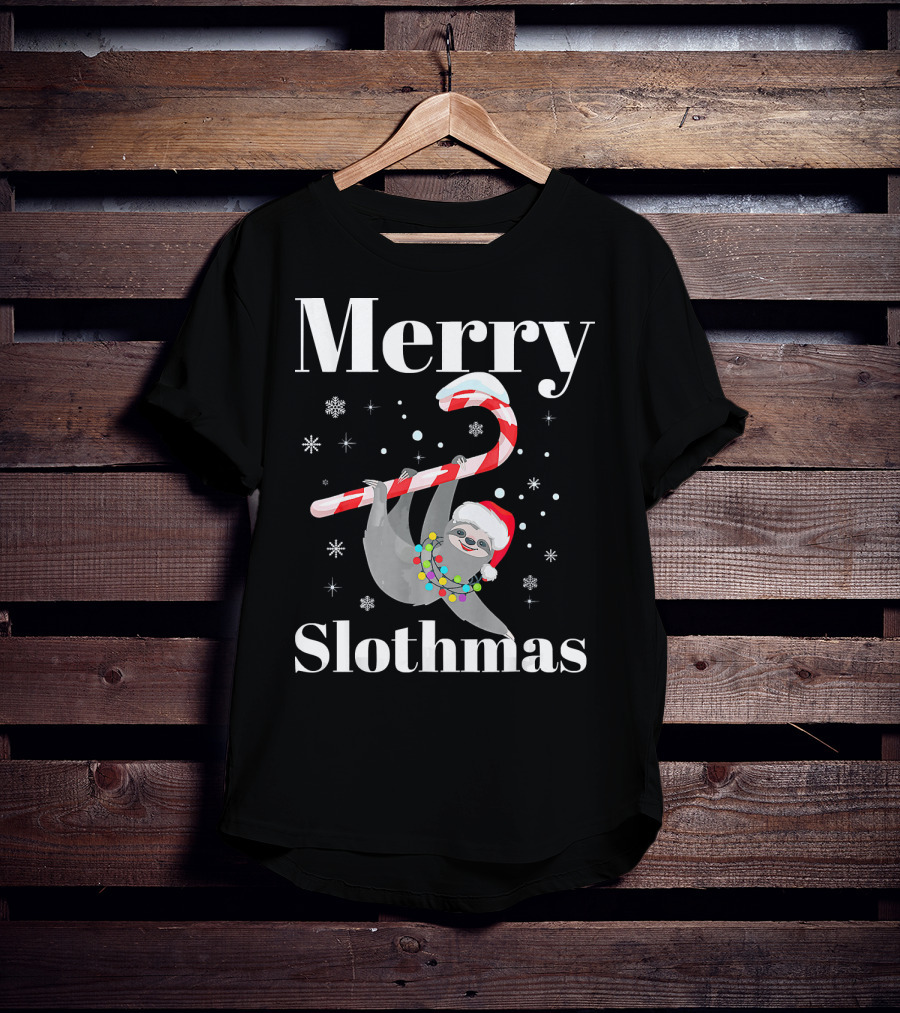 Merry Slothmas Christmas Sloths Candy Cane Santa Hat Snowflakes T-Shirt