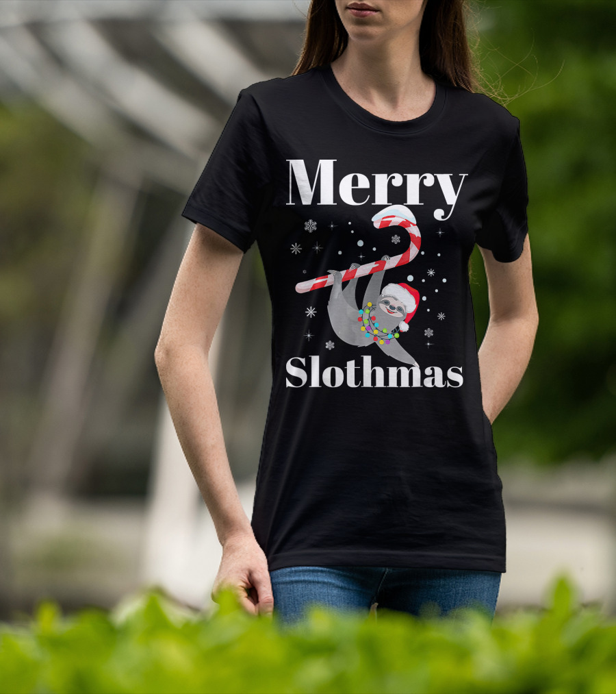 Merry Slothmas Christmas Sloths Candy Cane Santa Hat Snowflakes T-Shirt