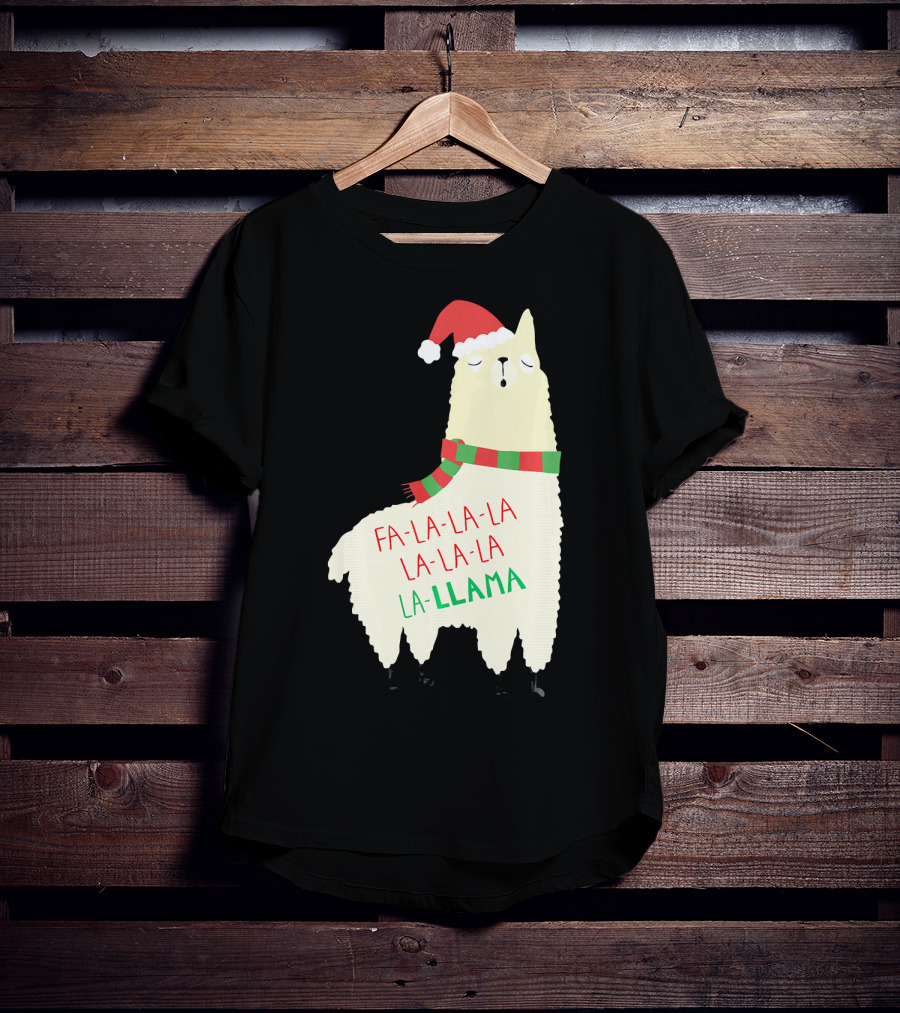 Fa La La La Llama Holiday Llama In Santa Hat And Scarf T-Shirt