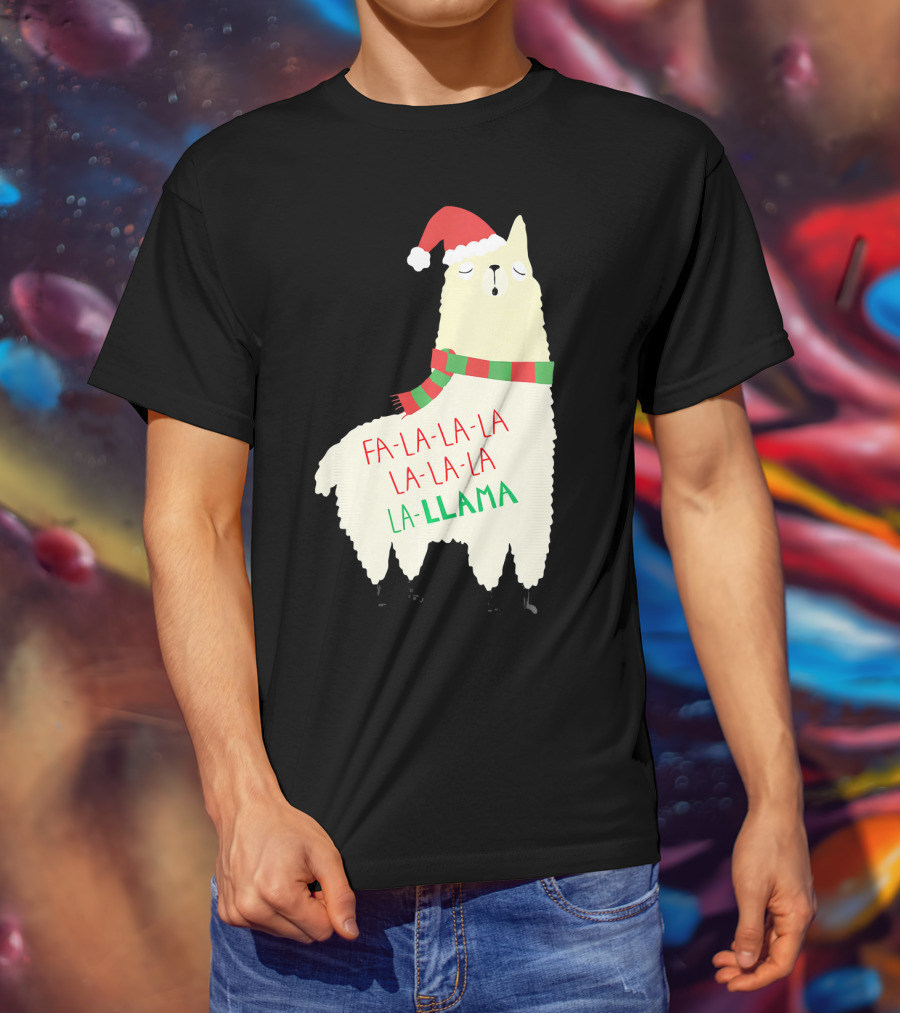Fa La La La Llama Holiday Llama In Santa Hat And Scarf T-Shirt