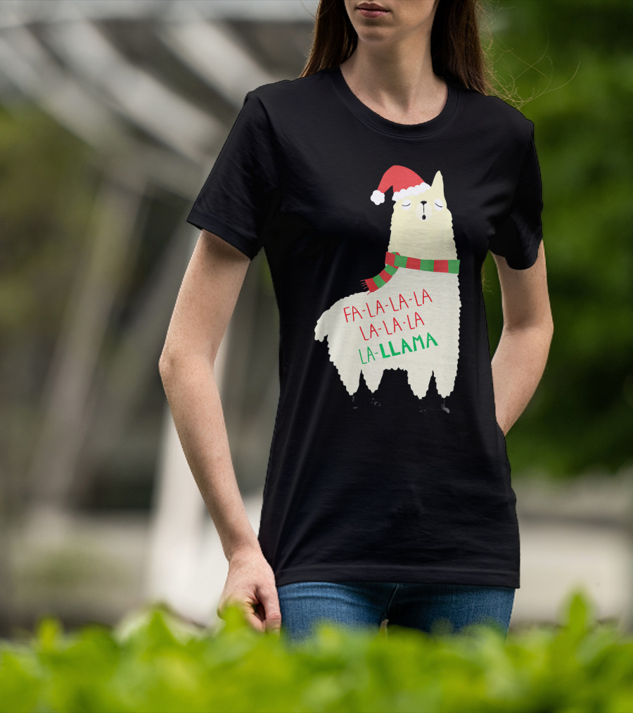 Fa La La La Llama Holiday Llama In Santa Hat And Scarf T-Shirt