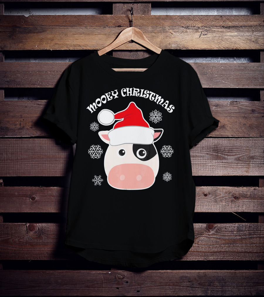 Mooey Christmas Cow Santa Hat Snowflakes T-Shirt