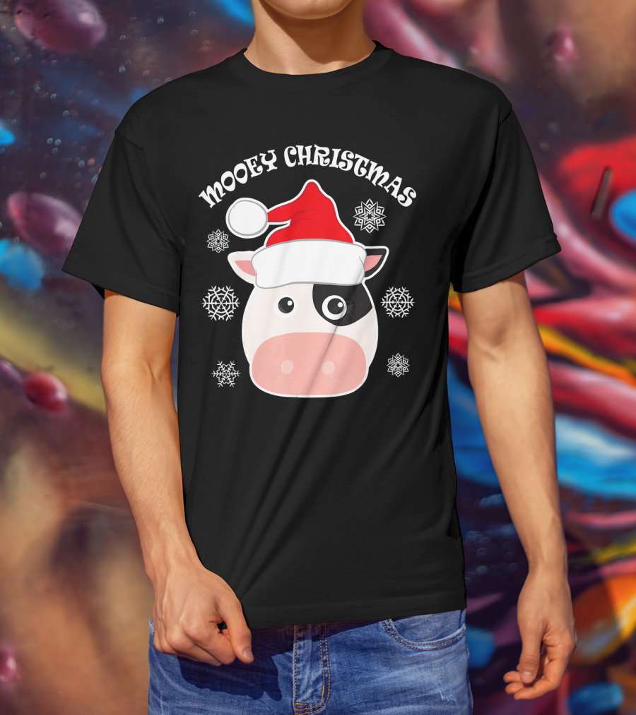Mooey Christmas Cow Santa Hat Snowflakes T-Shirt