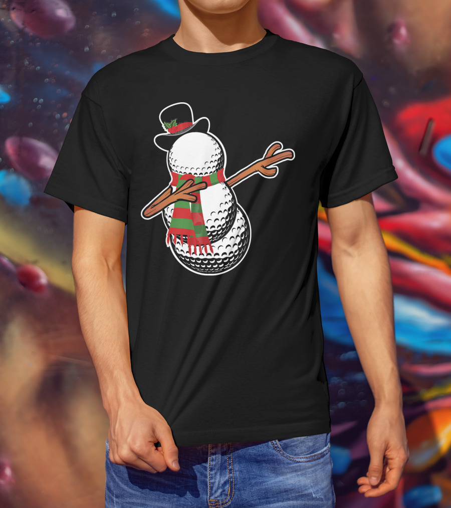 Dabbing Golf Snowman Christmas Hat And Scarf T-Shirt