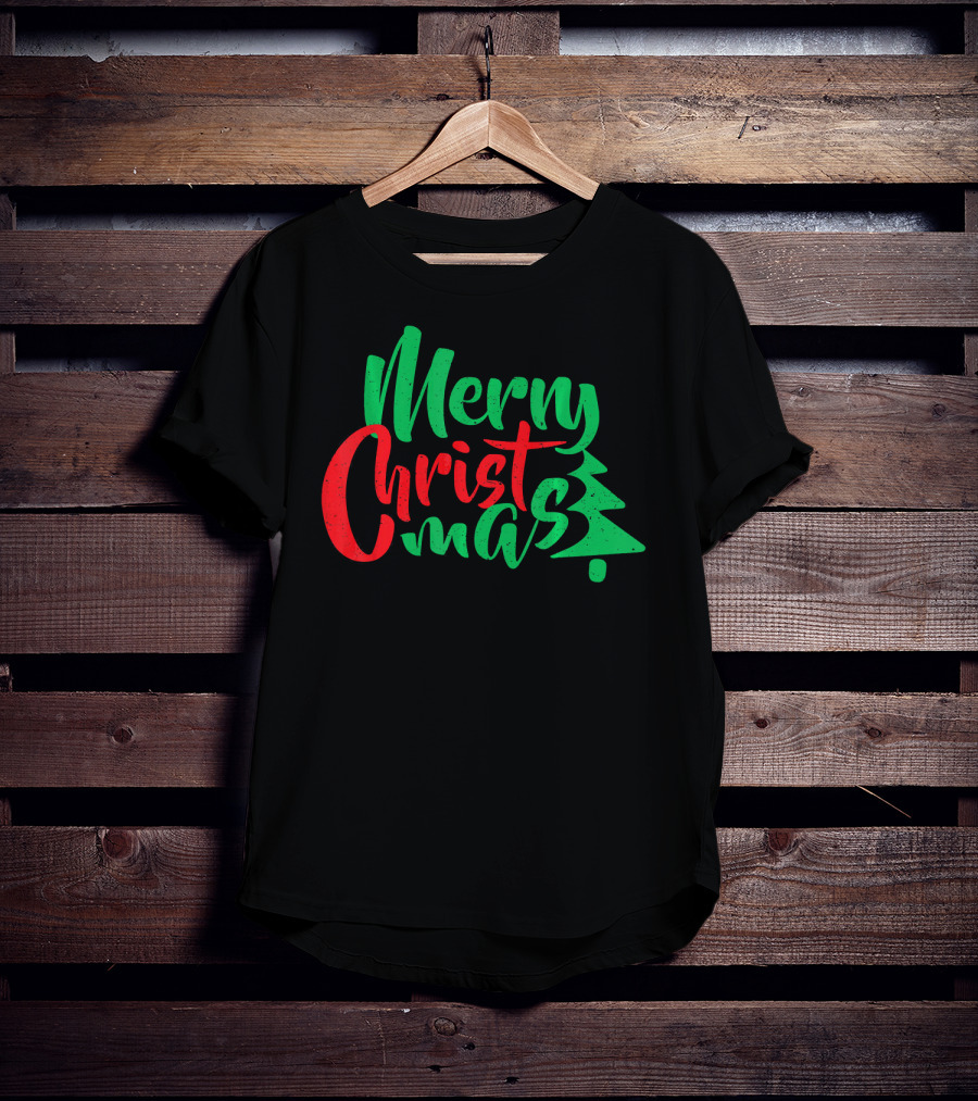 Merry Christmas Tree Design In Festive Red And Green T-Shirt