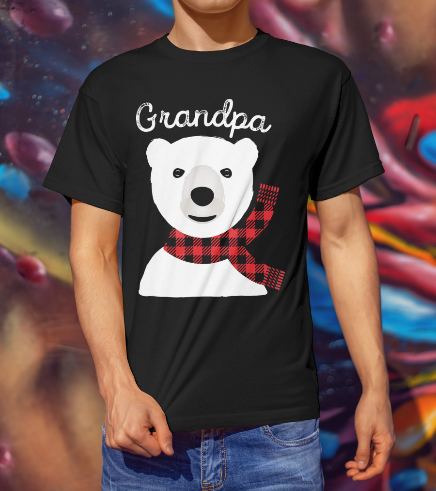 Grandpa Christmas Bear With Red Plaid Scarf Family Matching T-Shirt