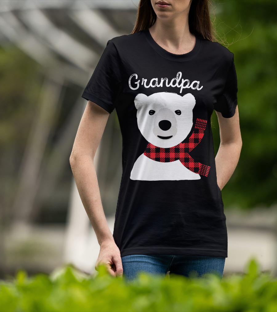 Grandpa Christmas Bear With Red Plaid Scarf Family Matching T-Shirt